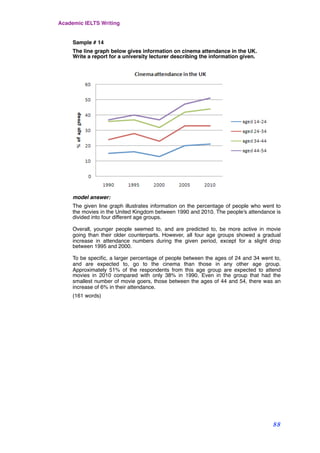 Sample # 14
The line graph below gives information on cinema attendance in the UK.
Write a report for a university lecturer describing the information given.
model answer:
The given line graph illustrates information on the percentage of people who went to
the movies in the United Kingdom between 1990 and 2010. The people's attendance is
divided into four different age groups.
Overall, younger people seemed to, and are predicted to, be more active in movie
going than their older counterparts. However, all four age groups showed a gradual
increase in attendance numbers during the given period, except for a slight drop
between 1995 and 2000.
To be speciﬁc, a larger percentage of people between the ages of 24 and 34 went to,
and are expected to, go to the cinema than those in any other age group.
Approximately 51% of the respondents from this age group are expected to attend
movies in 2010 compared with only 38% in 1990. Even in the group that had the
smallest number of movie goers, those between the ages of 44 and 54, there was an
increase of 6% in their attendance.
(161 words)
Academic IELTS Writing
88
 