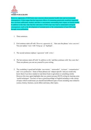 THIRD PARAGRAPH
However, opponents of GM foods raise concerns about potential health risks and environmental
consequences. Critics argue that the long-term effects of consuming genetically modified organisms
have not been sufficiently studied, and there is uncertainty surrounding their impact on human health.
In addition to this they state that the cultivation of GM crops may lead to unintended ecological
consequences, such as the development of resistant pests or the contamination of non-GM crops
through cross-pollination.
1. Three sentences.
2. First sentence starts off with ‘However, opponents of…’ then uses the phrase ‘raise concerns’.
You can replace ‘raise’with ‘bring up’, or ‘highlight’.
3. The second sentence replaces ‘opponents’ with ‘critics’.
4. The last sentence starts off with ‘In addition to this’ and then continues with ‘they state that’.
These are phrases you can use yourself in your writing.
5. The vocabulary is good and includes ‘uncertainty’, ‘unintended’, ‘resistant’, ‘contamination’
and ‘cross-pollination’. Some of these phrases are ‘subject-specific’ and you would only
know them if you have studied or read about food or agriculture or something similar.
However this once again highlights that you cannot just pass IELTS writing by learning some
‘useful techniques’. You have to have a good knowledge of English including a wide variety
of topics which would mean you should read different types of texts including ones related to
science, history, business, social affairs and many other topics.
 