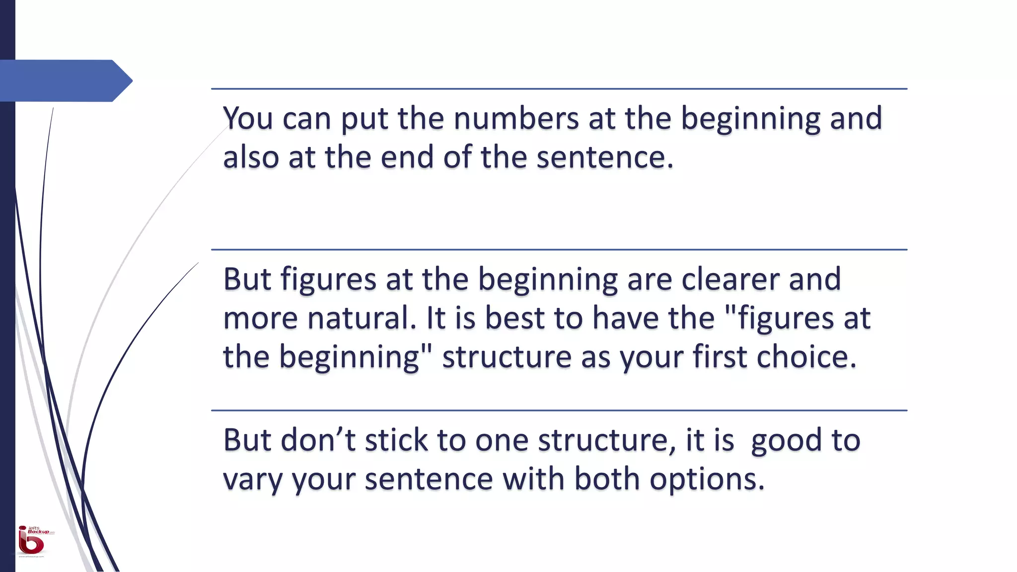 You can put the numbers at the beginning and
also at the end of the sentence.
But figures at the beginning are clearer and
more natural. It is best to have the "figures at
the beginning" structure as your first choice.
But don’t stick to one structure, it is good to
vary your sentence with both options.
 