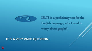 IT IS A VERY VALID QUESTION.
IELTS is a proficiency test for the
English language, why I need to
worry about graphs?
 