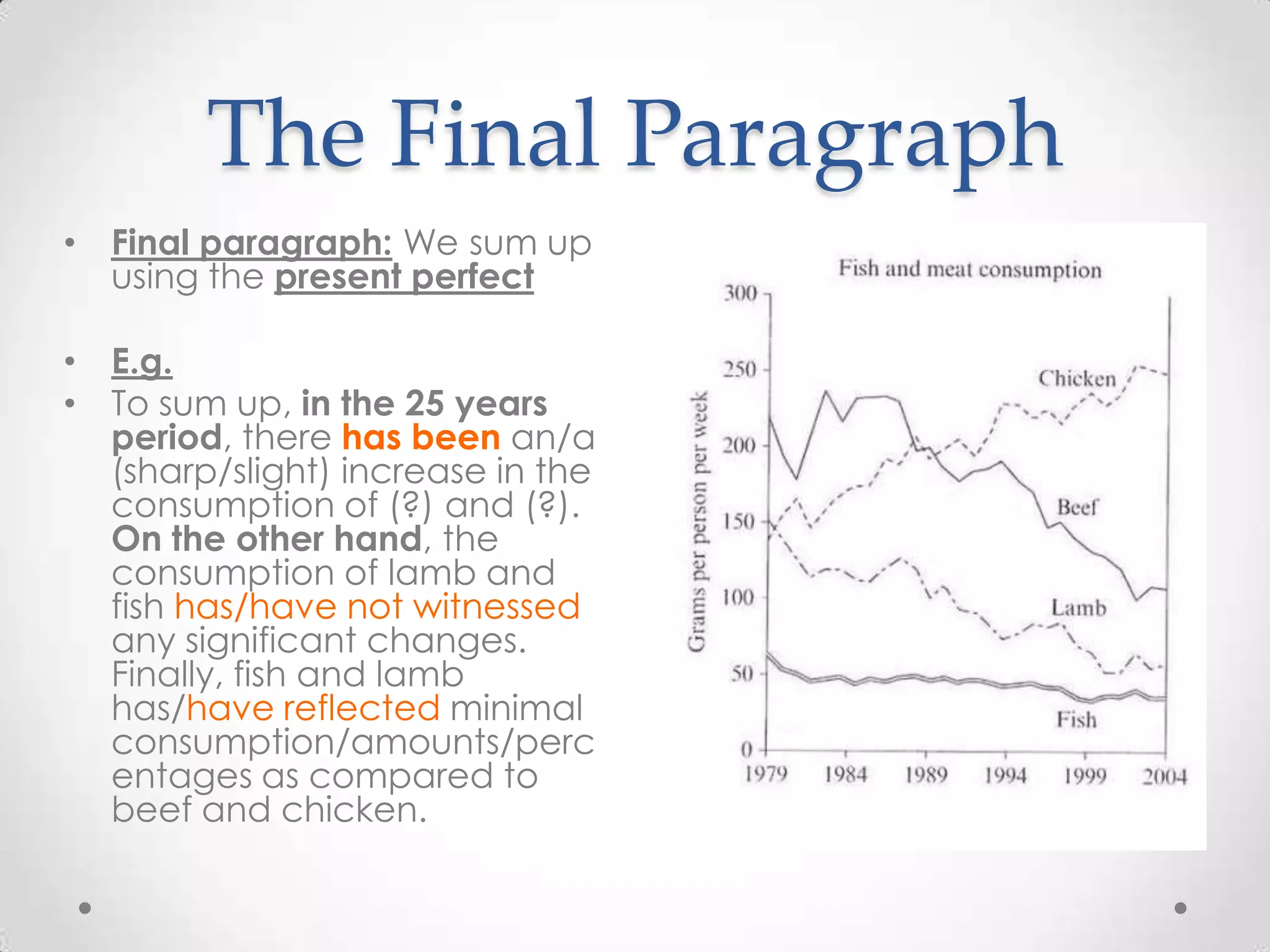 The Final Paragraph
• Final paragraph: We sum up
using the present perfect
• E.g.
• To sum up, in the 25 years
period, there has been an/a
(sharp/slight) increase in the
consumption of (?) and (?).
On the other hand, the
consumption of lamb and
fish has/have not witnessed
any significant changes.
Finally, fish and lamb
has/have reflected minimal
consumption/amounts/perc
entages as compared to
beef and chicken.

 