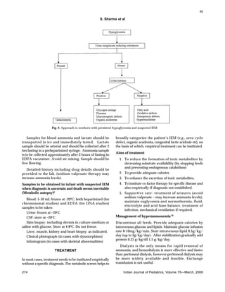 80

S. Sharma et al

Fig. 2. Approach to newborn with persistent hypoglycemia and suspected IEM

Samples for blood ammonia and lactate should be
transported in ice and immediately tested. Lactate
sample should be arterial and should be collected after 2
hrs fasting in a preheparinized syringe. Ammonia sample
is to be collected approximately after 2 hours of fasting in
EDTA vacutainer. Avoid air mixing. Sample should be
free flowing.
Detailed history including drug details should be
provided to the lab. (sodium valproate therapy may
increase ammonia levels).
Samples to be obtained in infant with suspected IEM
when diagnosis is uncertain and death seems inevitable
(Metabolic autopsy)6
Blood: 5-10 ml; frozen at -200C; both heparinized (for
chromosomal studies) and EDTA (for DNA studies)
samples to be taken
Urine: frozen at –20oC
CSF: store at –20oC
Skin biopsy: including dermis in culture medium or
saline with glucose. Store at 4-80C. Do not freeze.
Liver, muscle, kidney and heart biopsy: as indicated.
Clinical photograph (in cases with dysmorphism)
Infantogram (in cases with skeletal abnormalities)
TREATMENT
In most cases, treatment needs to be instituted empirically
without a specific diagnosis. The metabolic screen helps to
274

broadly categorize the patient’s IEM (e.g., urea cycle
defect, organic academia, congenital lactic acidosis etc), on
the basis of which, empirical treatment can be instituted.
Aims of treatment
1. To reduce the formation of toxic metabolites by
decreasing substrate availability (by stopping feeds
and preventing endogenous catabolism)
2. To provide adequate calories
3. To enhance the excretion of toxic metabolites.
4. To institute co-factor therapy for specific disease and
also empirically if diagnosis not established.
5. Supportive care- treatment of seizures (avoid
sodium valproate – may increase ammonia levels),
maintain euglycemia and normothermia, fluid,
electrolyte and acid-base balance, treatment of
infection, mechanical ventilation if required.
Management of hyperammonemia7,8
Discontinue all feeds. Provide adequate calories by
intravenous glucose and lipids. Maintain glucose infusion
rate 8-10mg/kg/min. Start intravenous lipid 0.5g/kg/
day (up to 3g/kg/day). After stabilization gradually add
protein 0.25 g/kg till 1.5 g/kg/day.
Dialysis is the only means for rapid removal of
ammonia, and hemodialysis is more effective and faster
than peritoneal dialysis, however peritoneal dialysis may
be more widely available and feasible. Exchange
transfusion is not useful.
Indian Journal of Pediatrics, Volume 75—March, 2008

 