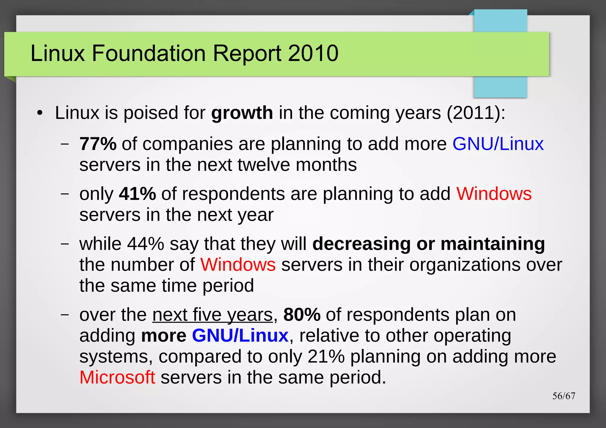 Linux Foundation Report 2010
●

Linux is poised for growth in the coming years (2011):
–

77% of companies are planning to add more GNU/Linux
servers in the next twelve months

–

only 41% of respondents are planning to add Windows
servers in the next year

–

while 44% say that they will decreasing or maintaining
the number of Windows servers in their organizations over
the same time period

–

over the next five years, 80% of respondents plan on
adding more GNU/Linux, relative to other operating
systems, compared to only 21% planning on adding more
Microsoft servers in the same period.
56/67

 