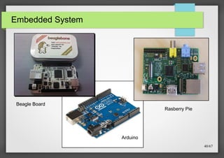 Embedded System

Beagle Board

Rasberry Pie

Arduino
40/67

 