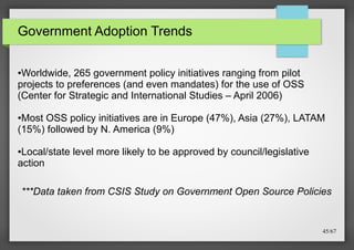 Government Adoption Trends
Worldwide, 265 government policy initiatives ranging from pilot
projects to preferences (and even mandates) for the use of OSS
(Center for Strategic and International Studies – April 2006)
●

Most OSS policy initiatives are in Europe (47%), Asia (27%), LATAM
(15%) followed by N. America (9%)
●

Local/state level more likely to be approved by council/legislative
action
●

***Data taken from CSIS Study on Government Open Source Policies

45/67

 