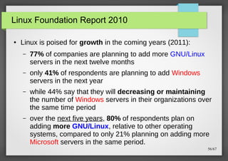 Linux Foundation Report 2010
●

Linux is poised for growth in the coming years (2011):
–

77% of companies are planning to add more GNU/Linux
servers in the next twelve months

–

only 41% of respondents are planning to add Windows
servers in the next year

–

while 44% say that they will decreasing or maintaining
the number of Windows servers in their organizations over
the same time period

–

over the next five years, 80% of respondents plan on
adding more GNU/Linux, relative to other operating
systems, compared to only 21% planning on adding more
Microsoft servers in the same period.
56/67

 