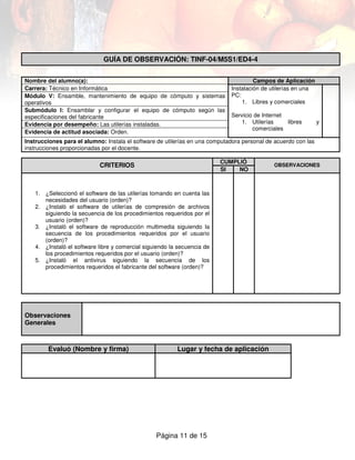 GUÍA DE OBSERVACIÓN: TINF-04/M5S1/ED4-4


Nombre del alumno(a):                                                                 Campos de Aplicación
Carrera: Técnico en Informática                                              Instalación de utilerías en una
Módulo V: Ensamble, mantenimiento de equipo de cómputo y sistemas            PC:
operativos                                                                       1. Libres y comerciales
Submódulo I: Ensamblar y configurar el equipo de cómputo según las
especificaciones del fabricante                                              Servicio de Internet
Evidencia por desempeño: Las utilerías instaladas.                              1. Utilerías      libres        y
                                                                                     comerciales
Evidencia de actitud asociada: Orden.
Instrucciones para el alumno: Instala el software de utilerías en una computadora personal de acuerdo con las
instrucciones proporcionadas por el docente.

                                                                         CUMPLIÓ
                            CRITERIOS                                                        OBSERVACIONES
                                                                         SI   NO



   1. ¿Seleccionó el software de las utilerías tomando en cuenta las
      necesidades del usuario (orden)?
   2. ¿Instaló el software de utilerías de compresión de archivos
      siguiendo la secuencia de los procedimientos requeridos por el
      usuario (orden)?
   3. ¿Instaló el software de reproducción multimedia siguiendo la
      secuencia de los procedimientos requeridos por el usuario
      (orden)?
   4. ¿Instaló el software libre y comercial siguiendo la secuencia de
      los procedimientos requeridos por el usuario (orden)?
   5. ¿Instaló el antivirus siguiendo la secuencia de los
      procedimientos requeridos el fabricante del software (orden)?




Observaciones
Generales



        Evaluó (Nombre y firma)                          Lugar y fecha de aplicación




                                                 Página 11 de 15
 