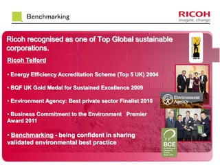 Benchmarking 
Ricoh recognised as one of Top Global sustainable 
corporations. 
Ricoh Telford 
• Energy Efficiency Accreditation Scheme (Top 5 UK) 2004 
• BQF UK Gold Medal for Sustained Excellence 2009 
• Environment Agency: Best private sector Finalist 2010 
• Business Commitment to the Environment Premier 
Award 2011 
• Benchmarking - being confident in sharing 
validated environmental best practice 
 