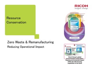 Resource 
Conservation 
Zero Waste & Remanufacturing 
Reducing Operational Impact 
Ricoh Group's global 
environmental conservation: 
Keeping environmental impact 
within the self-recovery 
capabilities of the Earth 
1 
2 
 