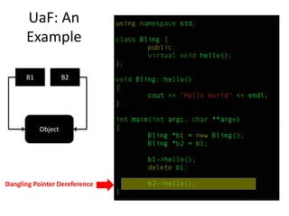 UaF: An
Example
Dangling Pointer Dereference
B1 B2
Object
 