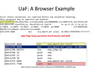 UaF: A Browser Example
Light Page Heap overwrites free’d chunks with 0xf0
https://msdn.microsoft.com/en-us/library/ms220938%28v=vs.90%29.aspx
 