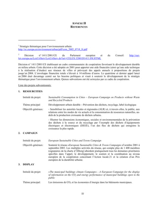 ANNEXE II
REFERENCES

1

Stratégie thématique pour l’environnement urbain:
http://ec.europa.eu/environment/urban/pdf/com_2005_0718_fr.pdf

2

Décision
n° 1411/2001/CE
du
Parlement
européen
et
lex.europa.eu/LexUriServ/LexUriServ.do?uri=CELEX:32001D1411:FR:HTML

du

Conseil:

http://eur-

Décision n° 1411/2001/CE établissant un cadre communautaire de coopération favorisant le développement durable
en milieu urbain. Cette décision a été adoptée en 2001 pour apporter une aide financière (ainsi qu’une aide technique
à la réalisation d’études) aux réseaux de villes et prévoyait des appels annuels à propositions de projets
jusqu’en 2004. L’enveloppe financière totale s’élevait à 14 millions d’euros. Le quatrième et dernier appel lancé
en 2004 était davantage centré sur les besoins politiques et visait à soutenir le développement de la stratégie
thématique pour l’environnement urbain. Quinze subventions ont été octroyées par ce cadre de coopération.
Liste des projets subventionnés:
1.

RESOURCITIES
Intitulé du projet:

Sustainable Consumption in Cities – European Campaign on Products without Waste
and Recycled Products

Thème principal:

Développement urbain durable – Prévention des déchets, recyclage, label écologique.

Objectifs généraux:

- Sensibiliser les autorités locales et régionales (ALR) et, à travers elles, le public, aux
relations entre les modes de vie actuels et la consommation de ressources naturelles, audelà de la production croissante de déchets urbains.
- Illustrer les dimensions économiques, sociales et environnementales de la prévention
des déchets à la source et du recyclage par l’exemple des déchets d’équipements
électriques et électroniques (DEEE), l’un des flux de déchets qui enregistre la
croissance la plus rapide.

2.

CAMPAIGN
Intitulé du projet:
Objectifs généraux:

3.

European Sustainable Cities and Towns Campaign
Soutenir le réseau «European Sustainable Cities & Towns Campaign» d’octobre 2001 à
septembre 2003. Les multiples activités du réseau, qui compte plus de 1 400 membres
(signataires de la charte d’Ålborg) abordent pratiquement tous les domaines prioritaires
spécifiés dans l’appel, le développement, le soutien et la coordination au niveau
européen de la coopération concernant l’Action locale 21 et la création d’un Prix
européen de la durabilité urbaine.

DISPLAY
Intitulé du projet:

«The municipal buildings climate Campaign» - A European Campaign for the display
of information on the CO2 and energy performance of municipal buildings open to the
public

Thème principal:

Les émissions de CO2 et les économies d’énergie dans les bâtiments municipaux.

22

 