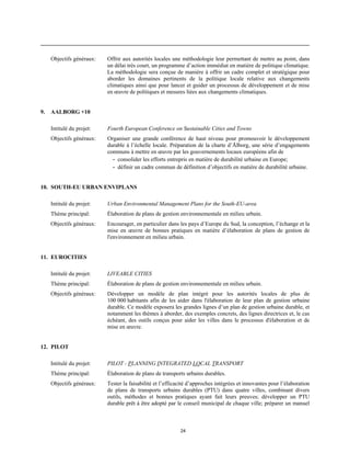 Objectifs généraux:

9.

Offrir aux autorités locales une méthodologie leur permettant de mettre au point, dans
un délai très court, un programme d’action immédiat en matière de politique climatique.
La méthodologie sera conçue de manière à offrir un cadre complet et stratégique pour
aborder les domaines pertinents de la politique locale relative aux changements
climatiques ainsi que pour lancer et guider un processus de développement et de mise
en œuvre de politiques et mesures liées aux changements climatiques.

AALBORG +10
Intitulé du projet:

Fourth European Conference on Sustainable Cities and Towns

Objectifs généraux:

Organiser une grande conférence de haut niveau pour promouvoir le développement
durable à l’échelle locale. Préparation de la charte d’Ålborg, une série d’engagements
communs à mettre en œuvre par les gouvernements locaux européens afin de
- consolider les efforts entrepris en matière de durabilité urbaine en Europe;
- définir un cadre commun de définition d’objectifs en matière de durabilité urbaine.

10. SOUTH-EU URBAN ENVIPLANS
Intitulé du projet:

Urban Environmental Management Plans for the South-EU-area

Thème principal:

Élaboration de plans de gestion environnementale en milieu urbain.

Objectifs généraux:

Encourager, en particulier dans les pays d’Europe du Sud, la conception, l’échange et la
mise en œuvre de bonnes pratiques en matière d’élaboration de plans de gestion de
l'environnement en milieu urbain.

11. EUROCITIES
Intitulé du projet:

LIVEABLE CITIES

Thème principal:

Élaboration de plans de gestion environnementale en milieu urbain.

Objectifs généraux:

Développer un modèle de plan intégré pour les autorités locales de plus de
100 000 habitants afin de les aider dans l'élaboration de leur plan de gestion urbaine
durable. Ce modèle exposera les grandes lignes d’un plan de gestion urbaine durable, et
notamment les thèmes à aborder, des exemples concrets, des lignes directrices et, le cas
échéant, des outils conçus pour aider les villes dans le processus d'élaboration et de
mise en œuvre.

12. PILOT
Intitulé du projet:

PILOT - PLANNING INTEGRATED LOCAL TRANSPORT

Thème principal:

Élaboration de plans de transports urbains durables.

Objectifs généraux:

Tester la faisabilité et l’efficacité d’approches intégrées et innovantes pour l’élaboration
de plans de transports urbains durables (PTU) dans quatre villes, combinant divers
outils, méthodes et bonnes pratiques ayant fait leurs preuves; développer un PTU
durable prêt à être adopté par le conseil municipal de chaque ville; préparer un manuel

24

 