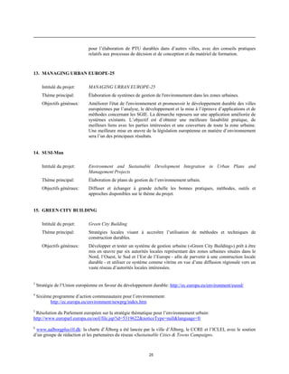 pour l’élaboration de PTU durables dans d’autres villes, avec des conseils pratiques
relatifs aux processus de décision et de conception et du matériel de formation.

13. MANAGING URBAN EUROPE-25
Intitulé du projet:

MANAGING URBAN EUROPE-25

Thème principal:

Élaboration de systèmes de gestion de l'environnement dans les zones urbaines.

Objectifs généraux:

Améliorer l'état de l'environnement et promouvoir le développement durable des villes
européennes par l’analyse, le développement et la mise à l’épreuve d’applications et de
méthodes concernant les SGIE. La démarche reposera sur une application améliorée de
systèmes existants. L’objectif est d’obtenir une meilleure faisabilité pratique, de
meilleurs liens avec les parties intéressées et une couverture de toute la zone urbaine.
Une meilleure mise en œuvre de la législation européenne en matière d’environnement
sera l’un des principaux résultats.

14. SUSI-Man
Intitulé du projet:

Environment and Sustainable Development Integration in Urban Plans and
Management Projects

Thème principal:

Élaboration de plans de gestion de l’environnement urbain.

Objectifs généraux:

Diffuser et échanger à grande échelle les bonnes pratiques, méthodes, outils et
approches disponibles sur le thème du projet.

15. GREEN CITY BUILDING
Intitulé du projet:

Green City Building

Thème principal:

Stratégies locales visant à accroître l’utilisation de méthodes et techniques de
construction durables.

Objectifs généraux:

Développer et tester un système de gestion urbaine («Green City Building») prêt à être
mis en œuvre par six autorités locales représentant des zones urbaines situées dans le
Nord, l’Ouest, le Sud et l’Est de l’Europe - afin de parvenir à une construction locale
durable - et utiliser ce système comme vitrine en vue d’une diffusion régionale vers un
vaste réseau d’autorités locales intéressées.

3

Stratégie de l’Union européenne en faveur du développement durable: http://ec.europa.eu/environment/eussd/

4

Sixième programme d’action communautaire pour l’environnement:
http://ec.europa.eu/environment/newprg/index.htm

5

Résolution du Parlement européen sur la stratégie thématique pour l’environnement urbain:
http://www.europarl.europa.eu/oeil/file.jsp?id=5319622&noticeType=null&language=fr

6

www.aalborgplus10.dk: la charte d’Ålborg a été lancée par la ville d’Ålborg, le CCRE et l’ICLEI, avec le soutien
d’un groupe de rédaction et les partenaires du réseau «Sustainable Cities & Towns Campaign».

25

 