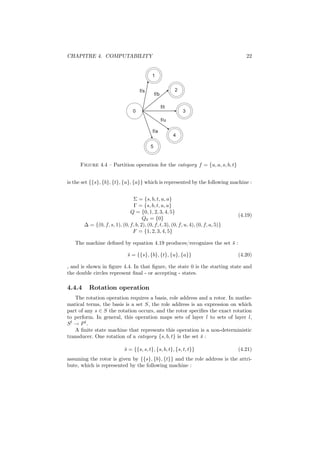 CHAPITRE 4. COMPUTABILITY                                                               22


                                            1


                                      f/s                   2
                                                f/b

                                                      f/t
                                  0                             3
                                                      f/u

                                            f/a
                                                            4

                                            5


      Figure 4.4 – Partition operation for the category f = {u, a, s, b, t}


is the set {{s}, {b}, {t}, {u}, {a}} which is represented by the following machine :


                                Σ = {s, b, t, u, a}
                                Γ = {s, b, t, u, a}
                               Q = {0, 1, 2, 3, 4, 5}
                                                                                     (4.19)
                                      Q0 = {0}
        ∆ = {(0, f, s, 1), (0, f, b, 2), (0, f, t, 3), (0, f, u, 4), (0, f, a, 5)}
                                F = {1, 2, 3, 4, 5}

   The machine deﬁned by equation 4.19 produces/recognizes the set s :
                                                                   ¯

                               s = {{s}, {b}, {t}, {u}, {a}}
                               ¯                                                     (4.20)

, and is shown in ﬁgure 4.4. In that ﬁgure, the state 0 is the starting state and
the double circles represent ﬁnal - or accepting - states.

4.4.4     Rotation operation
   The rotation operation requires a basis, role address and a rotor. In mathe-
matical terms, the basis is a set S, the role address is an expression on which
part of any s ∈ S the rotation occurs, and the rotor speciﬁes the exact rotation
to perform. In general, this operation maps sets of layer l to sets of layer l,
Sl → P l.
   A ﬁnite state machine that represents this operation is a non-deterministic
transducer. One rotation of a category {s, b, t} is the set s :
                                                            ¯

                             s = {{s, s, t}, {s, b, t}, {s, t, t}}
                             ¯                                                       (4.21)
assuming the rotor is given by {{s}, {b}, {t}} and the role address is the attri-
bute, which is represented by the following machine :
 