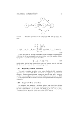 CHAPITRE 4. COMPUTABILITY                                                                           23


                                                          2
                                                                       t/t
                                                b/s
                                s/s                 b/b              t/t
                      0                   1                    3                 5


                                                  b/t
                                                                           t/t
                                                           4


Figure 4.5 – Rotation operation for the category {s, b, t} with {{s}, {b}, {t}}
rotor



                                      Σ = Γ = {s, b, t}
                                    Q = {0, 1, 2, 3, 4, 5}
                                           Q0 = {0}
 ∆ = {(0, s, s, 1), (1, b, s, 2), (1, b, b, 3), (1, b, t, 4), (2, t, t, 5), (3, t, t, 5), (4, t, t, 5)}
                                            F = {5}
                                                                                                  (4.22)
    It is to be noted that the role address will decide where the non-determinism
will occur : in the given example, it is on the second state. The machine deﬁned
by equation 5.4 produces/recognizes the set s :          ¯

                                s = {{s, s, t}, {s, b, t}, {s, t, t}}
                                ¯                                                               (4.23)
and is shown in ﬁgure 4.5. In that ﬁgure, the state 0 is the starting state and
the double circle represents ﬁnal - or accepting - state.

4.4.5       Supertriplication operation
    The supertriplication operation is the union of all applicable triplication
operations (see equation 2.3). Once transducers for triplication operations are
deﬁned, a union operation on those transducers is performed, which results in
another transducer (transducers are closed under union operation, see Table
4.3) The supertriplication operation is thus also represented by a (composite)
transducer.

4.4.6       Superselection operation
    For any given layer, assigning a particular order to sets, allows us to perform
a superselection operation on those sets. In mathematical terms, given two orde-
red sets A and B where |A| = |B|, A×B → C, where ∀cij ∈ C, ai ∈ cij ∧bj ∈ cij .
The superselection operation results in a regular IEML matrix.
 