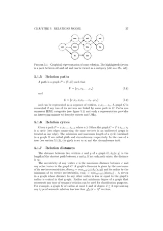 CHAPITRE 5. RELATIONS MODEL                                                     27


                                      sss           ssb             sst



                       sbt            bbb           bbs             tts



                                       ttt          bbt



Figure 5.1 – Graphical representation of some relation. The highlighted portion
is a path between sbt and sst and can be viewed as a category {sbt, sss, bbs, sst}.


5.1.5    Relation paths
   A path is a graph P = (V, E) such that

                                  V = {x1 , x2 , . . . , xn }                 (5.1)
   and

                             E = {x1 x2 , x2 x3 , . . . xn−1 xn }             (5.2)
   and can be represented as a sequence of vertices, x1 x2 . . . xn . A graph G is
connected if any two of its vertices are linked by some path in G. Paths can
represent IEML categories (see ﬁgure 5.1) and such a representation provides
an interesting manner to describe catsets and USLs.

5.1.6    Relation cycles
    Given a path P = x1 x2 . . . xn−1 where n 3 then the graph C = P +xn−1 x1
is a cycle (two edges connecting the same vertices in an undirected graph is
treated as one edge). The minimum and maximum length of a cycle contained
in a graph G are called girth and circumference respectively. In the case of a
tree (see section 5.1.3), the girth is set to ∞ and the circumference to 0.

5.1.7    Relation distances
    The distance between two vertices x and y of a graph G, dG (x, y) is the
length of the shortest path between x and y. If no such path exists, the distance
is ∞.
    The eccentricity of any vertex x is the maximum distance between x and
any other vertex in the graph G. A graph’s diameter is given by the maximum
of its vertice eccentricities, diamG = maxy∈V (G) (dG (x, y)) and its radius by the
minimum of its vertice eccentricities, radG = minx∈V (G) (diamG ) . A vertex
in a graph whose distance to any other vertex is less or equal to the graph’s
radius is central in that graph. Radius and minimum degree of a graph that
represents any type of semantic relation can be used for classiﬁcation purposes.
For example, a graph G of radius at most k and of degree d ≥ 3 representing
                                              d
any type of semantic relation has less than d−2 (d − 1)k vertices.
 