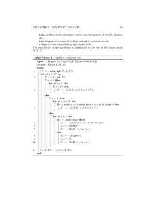 CHAPITRE 6. SEMANTIC CIRCUITS                                             35

    – fill method which alternates source and destination of words, phrases,
      etc.,
    – isunivoque determines if a clause/period is univoque or not,
    – clique creates a complete graph respectively.
The complexity of the algorithm is polynomial in the size of the input graph
Gi (V, E).

 Algorithme 4 : capillarity construction
   input : Degree n, Graph Gi (V, E) (see section 6.4)
   output : Graph Go (V, E)
   begin
 1    Gn ←− subgraph(Gi (V, E)) ;
      for all g ∈ Gn do
 2       E ←− E : g(V, E) ;
         if n = 0 then
              for all v ∈ V do
                 if v = ∅ then
 3                    E ←− {(a, ∅, b) | a = b, a, b ∈ V };

           else
              if n = 1 then
                  for all v, w ∈ V do
                     if v ∈ mode ∧ (w ∈ substance ∨ w ∈ attribute) then
 4                        E ←− {(a, ∅, b) | a = b, a, b ∈ V };

               else
                  for all v ∈ V do
                     if v = isunivoque then
 5                        vT ←− substance(v) ∧ attribute(v);
 6                        vA ←− mode(v);
 7                        E ←− fill{(vT , vA , vT )};
                     else
 8                        vT ←− clique(v);
 9                        vA ←− ∅;
10                        E ←− fill{(vT , vA , vT )};


11      Go (V, E) ←− g ∪ Go (V, E);
     end
 