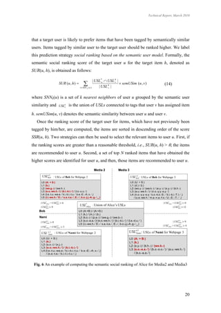 Technical Report, March 2010




that a target user is likely to prefer items that have been tagged by semantically similar
users. Items tagged by similar user to the target user should be ranked higher. We label
this prediction strategy social ranking based on the semantic user model. Formally, the
semantic social ranking score of the target user u for the target item h, denoted as
SUR(u, h), is obtained as follows:

                                                         | USL *  USL h |
                        SUR (u , h )              ( u ) | USL h | v  semUSim (u , v )
                                               vSSN k
                                                               u
                                                                                                                                        (14)
                                                                   v



where SNNk(u) is a set of k nearest neighbors of user u grouped by the semantic user
similarity and          USLh
                           v
                                  is the union of USLs connected to tags that user v has assigned item
h. semUSim(u, v) denotes the semantic similarity between user u and user v.
   Once the ranking score of the target user for items, which have not previously been
tagged by him/her, are computed, the items are sorted in descending order of the score
SSR(u, h). Two strategies can then be used to select the relevant items to user u. First, if
the ranking scores are greater than a reasonable threshold, i.e., SUR(u, h) > , the items
are recommended to user u. Second, a set of top N ranked items that have obtained the
higher scores are identified for user u, and then, those items are recommended to user u.


      USLw 2 : USLs of Bob for Webpage 2
         Bob                                                                                       USLw3 : USLs of Bob for Webpage 3
                                                                                                      Bob

     L0: (A: + S:)                                                                                 L0: (U: + S:)
     L1: (b.)                                                                                      L1: (d.) / (t.)
     L2: (we.g.-) / (we.h.-)                                                                       L2: (wo.y.-) / (wa.k.-) / (e.y.-) / (s.y.-) / (k.h.-)
     L3: (e.o.-we.h.-‘) / (b.i.-b.i.-‘) / (l.o.-u.u.-‘)                                            L3: (a.u.-we.h.-’) / (n.o.-y.y.-s.y.-’)
     L4: (t.e.-t.u.-wa.e.-’ k.i.-b.i.-t.u.-’ b.e.-E:.-A:.x.-’,)                                    L4: (n.o.-y.y.-s.y.-’ s.o.-k.o.-S:.-’ b.i.-b.i.-T:.l.-’,)
     L5: (i.i.-we.h.-’ E:.-’ s.a.-t.a.-’, E:.-’, b.o.-j.j.-A:.g.-’,_)                                 / (u.e.-we.h.-’ m.a.-n.a.-f.o.-’ U:.-E:.-T:.-’ ,)
     | USL*Alice  USLM 2 | 6
                      Bob                                                                                                             | USL*Alice  USLM 3 | 0
                                                                                                                                                       Bob

     | USLM 2 | 9
                                              USL*Alice : Union of Alice’s USLs                                                                     | USLM 3 | 12
          Bob                                                                                                                                            Bob

                                             L0: (A:+B:) / (A:+S:)
                                             L1: (k.) / (m.) / (b.)
                                             L2: (k.o.-) / (p.a.-) / (we.g.-) / (we.b.-)
                                             L3: (s.o.-a.a.-’)/ (e.o.-we.h.-‘) / (b.i.-b.i.-‘) / (t.e.-d.u.-' )                                     | USLM 3 | 9
     | USLM 2 | 8
          Nami                                                                                                                                           Nami
                                             L5: (i.i.-we.h.-’ E:.-’ s.a.-t.a.-’, E:.-’, b.o.-j.j.-A:.g.-’,_)
     | USL*Alice  USLM 2 | 3                                                                                                        | USL *
                                                                                                                                            Alice    USLM 3 | 4
                                                                                                                                                         Nami
                      Nami


     USL w 2 : USLs of Nami for Webpage 2                                                        USLw3 : USLs of Nami for Webpage 3
                                                                                                    Nami
         Nami

     L0: (U: + S:)                                                                                L0: (A: + B:)
     L1: (k.)                                                                                     L1: (k.)
     L2: (s.x.-) / (x.j.-)
                                                                                                  L2: (s.y.-) / (k.h.-) / (we.b.-)
     L3: (e.o.-we.h.-’) / (b.i.-b.i.-’)
     L4:(t.e.-t.u.-wa.e.-’ k.i.-b.i.-t.u.-’ b.e.-E:.-A:.x.-’,)                                    L3: (s.o.-a.a.-’) / (b.o.-o.o.-’) / (a.u.-we.h.-’)
         / (s.a.-t.a.-’ b.i.-l.i.-t.u.-’,)                                                            / (k.o.-a.a.-')


 Fig. 6 An example of computing the semantic social ranking of Alice for Media2 and Media3




                                                                                                                                                                20
 