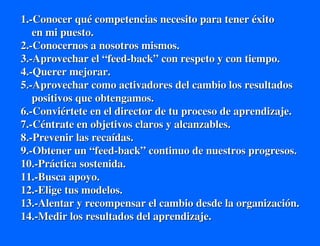 1.-Conocer qué competencias necesito para tener éxito
   en mi puesto.
2.-Conocernos a nosotros mismos.
3.-Aprovechar el “feed-back” con respeto y con tiempo.
4.-Querer mejorar.
5.-Aprovechar como activadores del cambio los resultados
   positivos que obtengamos.
6.-Conviértete en el director de tu proceso de aprendizaje.
7.-Céntrate en objetivos claros y alcanzables.
8.-Prevenir las recaídas.
9.-Obtener un “feed-back” continuo de nuestros progresos.
10.-Práctica sostenida.
11.-Busca apoyo.
12.-Elige tus modelos.
13.-Alentar y recompensar el cambio desde la organización.
14.-Medir los resultados del aprendizaje.
 