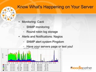 Know What's Happening on Your Server


●   Monitoring: Cacti
    –   SNMP monitoring
    –   Round robin log storage
●   Alerts and Notifications: Nagios
    –   SNMP alert system Pingdom
    –   Have your servers page or text you!
 