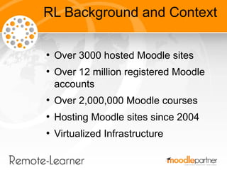 RL Background and Context

●
    Over 3000 hosted Moodle sites
●
    Over 12 million registered Moodle
    accounts
●
    Over 2,000,000 Moodle courses
●
    Hosting Moodle sites since 2004
●
    Virtualized Infrastructure
 