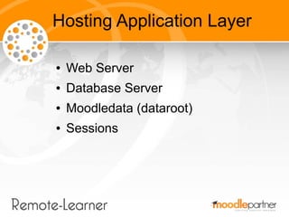 Hosting Application Layer

●   Web Server
●   Database Server
●   Moodledata (dataroot)
●   Sessions
 