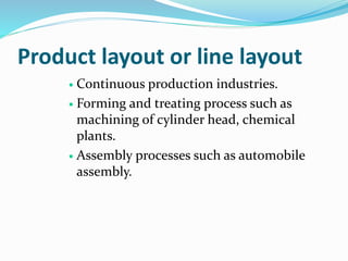 Product layout or line layout
 Continuous production industries.
 Forming and treating process such as
machining of cylinder head, chemical
plants.
 Assembly processes such as automobile
assembly.
 