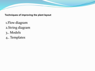Techniques of improving the plant layout
1.Flow diagram
2.String diagram
3.. Models
4.. Templates
 