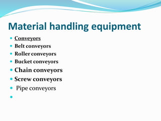 Material handling equipment
 Conveyors
 Belt conveyors
 Roller conveyors
 Bucket conveyors
 Chain conveyors
 Screw conveyors
 Pipe conveyors

 