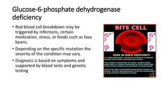 Glucose-6-phosphate dehydrogenase
deficiency
• Red blood cell breakdown may be
triggered by infections, certain
medication, stress, or foods such as fava
beans.
• Depending on the specific mutation the
severity of the condition may vary.
• Diagnosis is based on symptoms and
supported by blood tests and genetic
testing
 