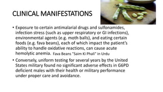 CLINICAL MANIFESTATIONS
• Exposure to certain antimalarial drugs and sulfonamides,
infection stress (such as upper respiratory or GI infections),
environmental agents (e.g. moth balls), and eating certain
foods (e.g. fava beans), each of which impact the patient’s
ability to handle oxidative reactions, can cause acute
hemolytic anemia.
• Conversely, uniform testing for several years by the United
States military found no significant adverse effects in G6PD
deficient males with their health or military performance
under proper care and avoidance.
Fava Beans "Saim Ki Phali" in Urdu
 