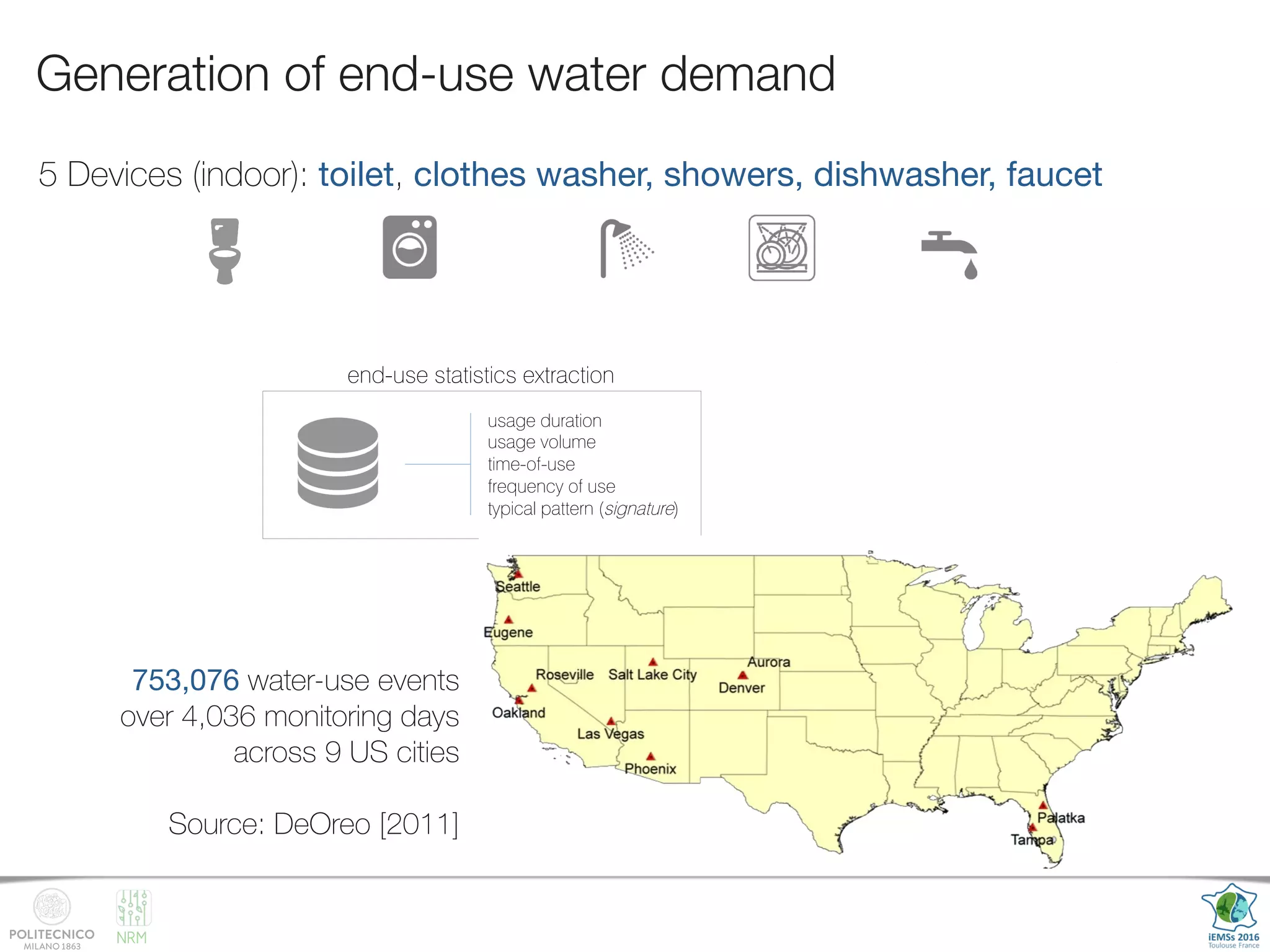 NRM
Generation of end-use water demand
DEVELOPMENT OF A SYNTHETIC WATER END-USE PATTERNS GENERATOR
An algorithm to generate synthetic water end-use patterns has been developed within the SmartH2O project, with the double pu
•  building end-use water consumption datasets to feed disaggregation algorithms and to provide benchmark datasets for com
testing;
•  allowing for the generation of end-use patterns under different demographic and technological scenarios.
DEVELOPMENT PLAN
•  User-friendly interface
•  Web portal to contribute with new
datasets from different case studies
CURRENT FEATURES
•  Trained on high-resolutions (1 second) consumption data from 9 cities across USA
•  Performance validated with a two-sample Kolmogorov-Smirnov test
•  Flexible for synthetic generation at multi-scale resolutions.
user’s input end-use statistics extraction end-use traces generation
•  house size
•  time sampling
resolution
•  device
presence
usage duration
usage volume
time-of-use
frequency of use
typical pattern (signature)
34 %
Andrea Cominol
andrea.cominola@polimi
@smartH2Oproje
#SmartH2
time
water
consumption
5 Devices (indoor): toilet, clothes washer, showers, dishwasher, faucet
753,076 water-use events
over 4,036 monitoring days
across 9 US cities
Source: DeOreo [2011]
 