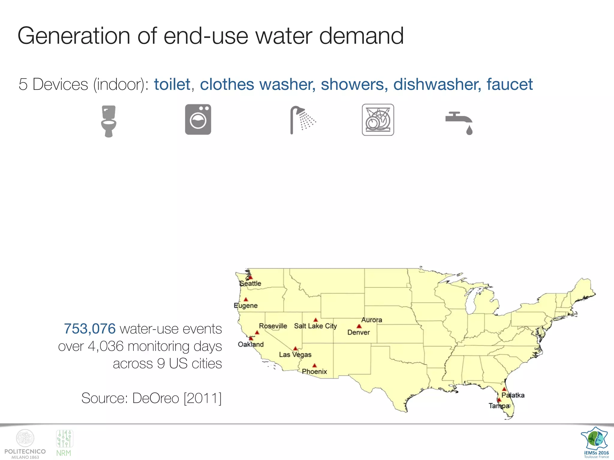 NRM
Generation of end-use water demand
5 Devices (indoor): toilet, clothes washer, showers, dishwasher, faucet
753,076 water-use events
over 4,036 monitoring days
across 9 US cities
Source: DeOreo [2011]
 