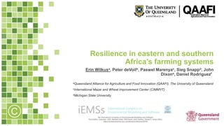 Resilience in eastern and southern
Africa’s farming systems
Erin Wilkusa, Peter deVoilb, Paswel Marenyac, Sieg Snappd, John
Dixone, Daniel Rodriguezf
aQueensland Alliance for Agriculture and Food Innovation (QAAFI), The University of Queensland
cInternational Maize and Wheat Improvement Center (CIMMYT)
dMichigan State University
 