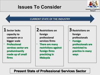 Institution of EngineersInstitution of Engineers
MalaysiaMalaysia
11 Sector lacksSector lacks
capacity tocapacity to
compete on acompete on a
bigger scalebigger scale
• ProfessionalProfessional
services sector areservices sector are
predominantlypredominantly
made up of smallmade up of small
firmsfirms
22 Restrictions onRestrictions on
foreignforeign
professionalprofessional
services firmsservices firms
• There are manyThere are many
restrictions againstrestrictions against
foreign firmsforeign firms
practicing inpracticing in
MalaysiaMalaysia
33 Restrictions onRestrictions on
foreignforeign
professionalsprofessionals
• ForeignForeign
professionals areprofessionals are
restricted torestricted to
practice in manypractice in many
waysways
CURRENT STATE OF THE INDUSTRYCURRENT STATE OF THE INDUSTRY
Issues To Consider
Present State of Professional Services SectorPresent State of Professional Services Sector
 