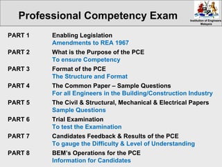 Institution of EngineersInstitution of Engineers
MalaysiaMalaysia
PART 1 Enabling Legislation
Amendments to REA 1967
PART 2 What is the Purpose of the PCE
To ensure Competency
PART 3 Format of the PCE
The Structure and Format
PART 4 The Common Paper – Sample Questions
For all Engineers in the Building/Construction Industry
PART 5 The Civil & Structural, Mechanical & Electrical Papers
Sample Questions
PART 6 Trial Examination
To test the Examination
PART 7 Candidates Feedback & Results of the PCE
To gauge the Difficulty & Level of Understanding
PART 8 BEM’s Operations for the PCE
Information for Candidates
Professional Competency Exam
 