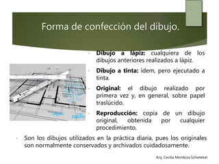 Arq. Cecilia Mendoza Schietekat
• Dibujo a lápiz: cualquiera de los
dibujos anteriores realizados a lápiz.
• Dibujo a tinta: ídem, pero ejecutado a
tinta.
• Original: el dibujo realizado por
primera vez y, en general, sobre papel
traslúcido.
• Reproducción: copia de un dibujo
original, obtenida por cualquier
procedimiento.
Forma de confección del dibujo.
• Son los dibujos utilizados en la práctica diaria, pues los originales
son normalmente conservados y archivados cuidadosamente.
 