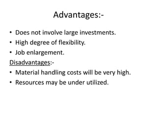 Advantages:-
• Does not involve large investments.
• High degree of flexibility.
• Job enlargement.
Disadvantages:-
• Material handling costs will be very high.
• Resources may be under utilized.
 