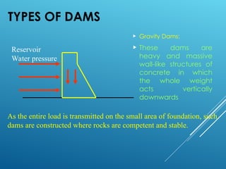TYPES OF DAMS
 Gravity Dams:
 These dams are
heavy and massive
wall-like structures of
concrete in which
the whole weight
acts vertically
downwards
Reservoir
Water pressure
As the entire load is transmitted on the small area of foundation, such
dams are constructed where rocks are competent and stable.
 