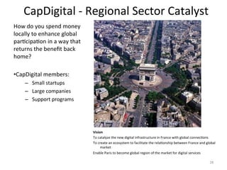 CapDigital	
  -­‐	
  Regional	
  Sector	
  Catalyst	
  
Vision	
  
To	
  catalyze	
  the	
  new	
  digital	
  infrastructure	
  in	
  France	
  with	
  global	
  connecBons	
  
To	
  create	
  an	
  ecosystem	
  to	
  facilitate	
  the	
  relaBonship	
  between	
  France	
  and	
  global	
  
market	
  
Enable	
  Paris	
  to	
  become	
  global	
  region	
  of	
  the	
  market	
  for	
  digital	
  services	
  	
  	
  	
  
How	
  do	
  you	
  spend	
  money	
  
locally	
  to	
  enhance	
  global	
  
parBcipaBon	
  in	
  a	
  way	
  that	
  
returns	
  the	
  beneﬁt	
  back	
  
home?	
  
• CapDigital	
  members:	
  
–  Small	
  startups	
  
–  Large	
  companies	
  
–  Support	
  programs	
  
28	
  
 