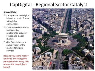 CapDigital	
  -­‐	
  Regional	
  Sector	
  Catalyst	
  
Shared	
  Vision	
  
To	
  catalyze	
  the	
  new	
  digital	
  
      infrastructure	
  in	
  France	
  
      with	
  global	
  
      connecAons	
  
To	
  create	
  an	
  ecosystem	
  to	
  
      facilitate	
  the	
  
      relaAonship	
  between	
  
      France	
  and	
  global	
  
      market	
  
Enable	
  Paris	
  to	
  become	
  
      global	
  region	
  of	
  the	
  
      market	
  for	
  digital	
  
      services	
  	
  	
  	
  

How	
  do	
  you	
  spend	
  money	
  
locally	
  to	
  enhance	
  global	
  
parAcipaAon	
  in	
  a	
  way	
  that	
  
returns	
  the	
  beneﬁt	
  back	
  
home?	
                                                         22	
  
 