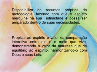 - Disponibiliza de recursos próprios da
  metodologia, fazendo com que o espírito
  mergulhe na sua intimidade e possa ser
  amparado dentro de suas necessidades.



- Propicia ao espírito o valor da comparação
  interativa entre ele e o meio que vive,
  demonstrando o valor da natureza que dá
  equilíbrio ao espírito, harmonizando-o com
  Deus e suas Leis.
 