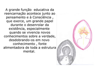A grande função educativa da
reencarnação acontece junto ao
  pensamento e à Consciência ,
  que exerce, um grande papel
     durante o desenrolar da
    existência, especialmente
    quando se vivencia novos
conhecimentos sobre a verdade,
    desdobrando-os em novo
      conhecimento , fonte
alimentadora de toda a estrutura
             mental.
 