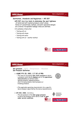 10/10/2017
22
43
Meet- en Regeltechniek
Institutions, Standards and Regulations > API 527
•API 527 describes tests to determine the seat tightness
of metal and soft-seated pressure relief valves.
Valves of conventional, bellows, and pilot-operated designs
are covered. Acceptable leakage rates are defined.
• It contains criteria for:
• Testing with air
• Testing with steam
• Testing with water
• Testing with air – another method
44
Meet- en Regeltechniek
Set pressure – CDTP – Overpressure - Blowdown
Set Pressure Definition
 ASME PTC 25, 2001, 2.7 OC of PRD
o The value of increasing inlet static pressure at which
a pressure relief device displays one of the operational
characteristics as defined under:
opening pressure, popping pressure,
start-to-leak pressure, burst pressure or
breaking pressure.
o (The applicable operating characteristic for a specific
device design is specified by the device manufacturer).
 API 520, 2000, 1.2.3.3 a.
o The set pressure is the inlet gauge pressure
at which the pressure relief device is set to open
under service conditions.
 