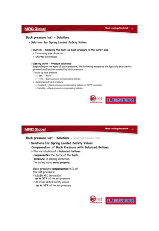 10/10/2017
31
61
Meet- en Regeltechniek
Back pressure lost – Solutions
• Solutions for Spring Loaded Safety Valves
System - Reducing the built-up back pressure in the outlet pipe
• Increasing pipe diameter
• Shorter outlet pipe
Safety valve - Product solutions:
Depending on the type of back pressure, the following measures are typically selected to
prevent malfunction caused by back pressure
 Build-up back pressure
 ≤ 15% → None
 > 15%→ Back-pressure compensating bellows
 Superimposed back pressure
 Constant → Back-pressure compensating bellows or CDTP correction
 Variable → Back-pressure compensating bellows
62
Meet- en Regeltechniek
Back pressure lost – Solutions - Inlet pressure lost
• Solutions for Spring Loaded Safety Valves
Compensation of Back Pressure with Balanced Bellows
The installation of a balanced bellows
compensates the force of the back
pressure in closing direction.
The safety valve works properly.
Back pressure compensation in % of
the set pressure:
LESER API Series 526:
up to 50% of the set pressure
All other LESER safety valves:
up to 35% of the set pressure
 
