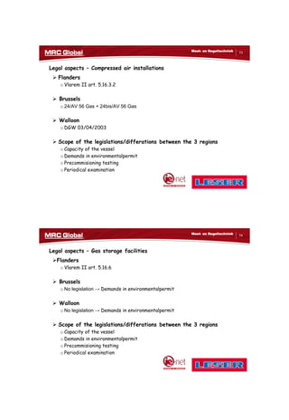 10/10/2017
37
73
Meet- en Regeltechniek
Legal aspects – Compressed air installations
 Flanders
o Vlarem II art. 5.16.3.2
 Brussels
o 24/AV 56 Gas + 24bis/AV 56 Gas
 Walloon
o DGW 03/04/2003
 Scope of the legislations/differations between the 3 regions
o Capacity of the vessel
o Demands in environmentalpermit
o Precommisioning testing
o Periodical examination
74
Meet- en Regeltechniek
Legal aspects – Gas storage facilities
Flanders
o Vlarem II art. 5.16.6
 Brussels
o No legislation → Demands in environmentalpermit
 Walloon
o No legislation → Demands in environmentalpermit
 Scope of the legislations/differations between the 3 regions
o Capacity of the vessel
o Demands in environmentalpermit
o Precommisioning testing
o Periodical examination
 