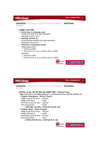10/10/2017
48
95
Meet- en Regeltechniek
Calculation – National and International Standards – Definitions
Example
• ASME I and VIII
 Orifice area A0 (discharge area)
actual orifice area after type examination
Expressed in mm²or inch²
 Discharge diameter D0
actual discharge diameter area type examination
Expressed in mm or inch
 Coefficient of discharge K (Leser)
Steam/gasses (D/G)
 Orifice D: 0,455
 Orifice E, F, G, H, J, K, L, M, N, P, Q, R, T: 0,801
Liquids (L)
 Orifice D: 0,343
 Orifice E, F, G, H, J, K, L, M, N, P, Q, R, T: 0,579
96
Meet- en Regeltechniek
Calculation – National and International Standards – Definitions
Example
• Orifices as per API RP 526 and ASME VIII – Practical issue
ASME Actual Orifice Area*ASME coefficient K ≥ API Effective Orifice Area*API coefficient Kd
 Example Steam/gasses – Orifice E (Leser)
ASME Actual Orifice Area > 154 mm²
ASME coefficient K > 0,801
API Effective Orifice Area > 126 mm²
API coefficient Kd > 0,975
> 154*0,801=123,354 ≥ 126*0,975=122,85 >OK
 Example Liquids – Orifice E (Leser)
ASME Actual Orifice Area > 154 mm²
ASME coefficient K > 0,579
API Effective Orifice Area > 126 mm²
API coefficient Kd > 0,65
> 154*0,0,579=89,166 ≥ 126*0,65=81,9 >OK
 