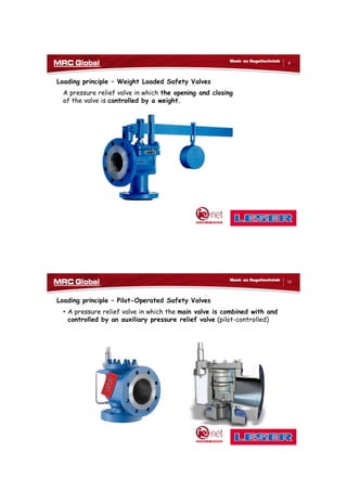 10/10/2017
5
9
Meet- en Regeltechniek
Loading principle – Weight Loaded Safety Valves
A pressure relief valve in which the opening and closing
of the valve is controlled by a weight.
10
Meet- en Regeltechniek
Loading principle – Pilot-Operated Safety Valves
• A pressure relief valve in which the main valve is combined with and
controlled by an auxiliary pressure relief valve (pilot-controlled)
 