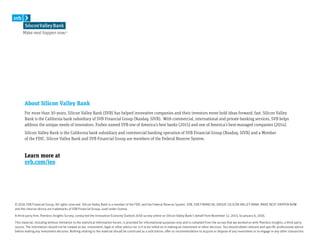 About Silicon Valley Bank
For more than 30 years, Silicon Valley Bank (SVB) has helped innovative companies and their investors move bold ideas forward, fast. Silicon Valley
Bank is the California bank subsidiary of SVB Financial Group (Nasdaq: SIVB). With commercial, international and private banking services, SVB helps
address the unique needs of innovators. Forbes named SVB one of America’s best banks (2015) and one of America’s best-managed companies (2014).
Silicon Valley Bank is the California bank subsidiary and commercial banking operation of SVB Financial Group (Nasdaq: SIVB) and a Member
of the FDIC. Silicon Valley Bank and SVB Financial Group are members of the Federal Reserve System.
Learn more at
svb.com/ieo
© 2016 SVB Financial Group. All rights reserved. Silicon Valley Bank is a member of the FDIC and the Federal Reserve System. SVB, SVB FINANCIAL GROUP, SILICON VALLEY BANK, MAKE NEXT HAPPEN NOW
and the chevron device are trademarks of SVB Financial Group, used under license.
A third-party firm, Peerless Insights Survey, conducted the Innovation Economy Outlook 2016 survey online on Silicon Valley Bank’s behalf from November 12, 2015, to January 6, 2016.
This material, including without limitation to the statistical information herein, is provided for informational purposes only and is compiled from the survey that we worked on with Peerless Insights, a third-party
source. The information should not be viewed as tax, investment, legal or other advice nor is it to be relied on in making an investment or other decision. You should obtain relevant and specific professional advice
before making any investment decision. Nothing relating to the material should be construed as a solicitation, offer or recommendation to acquire or dispose of any investment or to engage in any other transaction.
 